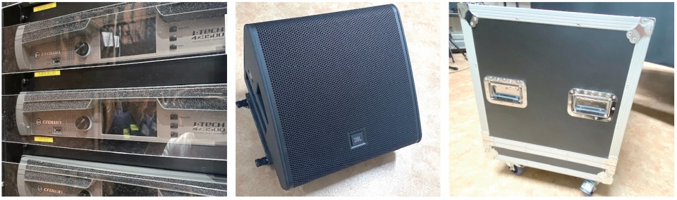 광주학생교육문화회관이 지난 5월 발주한 '공연장 모니터 스피커 및 파워앰프 구매설치'사업에 납품된 장비들. 주요 장비인 앰프와 스피커 모두 외산인 것으로 확인됐으며, 국산은 스피커를 보관하는 하드케이스(오른쪽) 뿐이었다. [사진=광주학생교육문화회관]