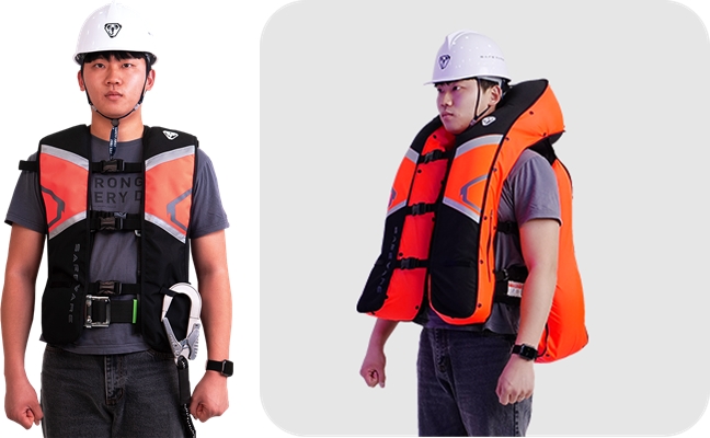 추락 보호 에어백의 착용 모습. 추락을 감지하는 즉시 에어백이 팽창해 작업자에게 가해질 충격을 흡수한다. [사진=세이프웨어]