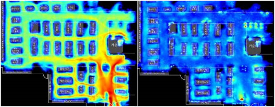 고객동선 분석 상황판. 고객 체류시간이 길어질수록 좌측 이미지와 같이 붉은색으로 표시된다. [사진=롯데정보통신]