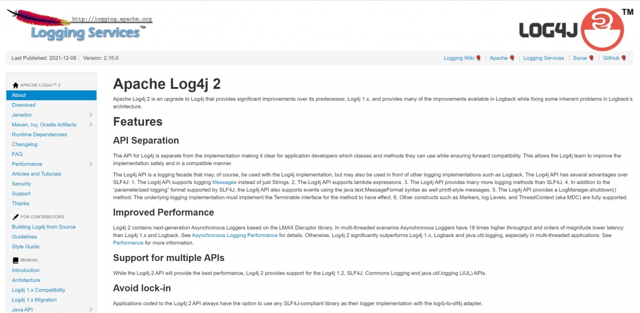 아파치 로그4j 2 웹사이트.