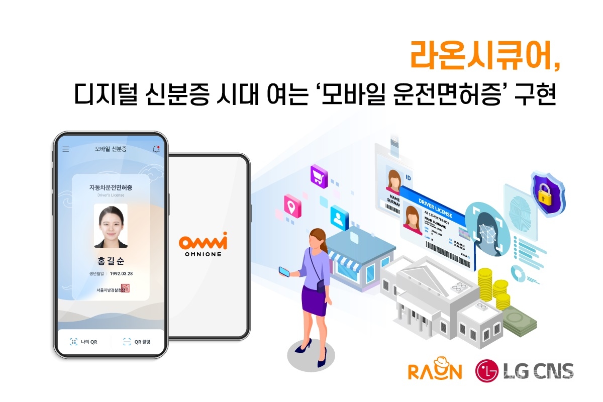 라온시큐어와 LG CNS가 '옴니원(OmniOne)'을 기반으로 한 우리나라 최초 디지털 신분증 '모바일 운전면허증'의 구축을 완료하고, 발급 및 시범 운영을 시작한다. [자료=라온시큐어]