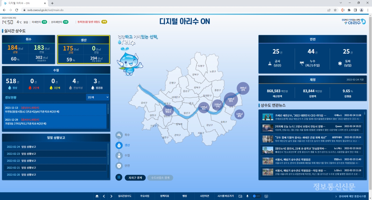 디지털 아리수 온 메인 홈 화면에서는 7개 분야의 실시간 정보를 제공한다. [자료=서울시]