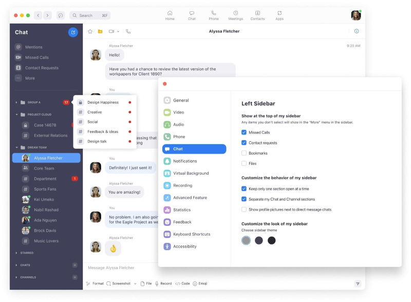 줌 챗에서 왼쪽 사이드바를 원하는 대로 설정할 수 있게 됐다. [사진=줌]