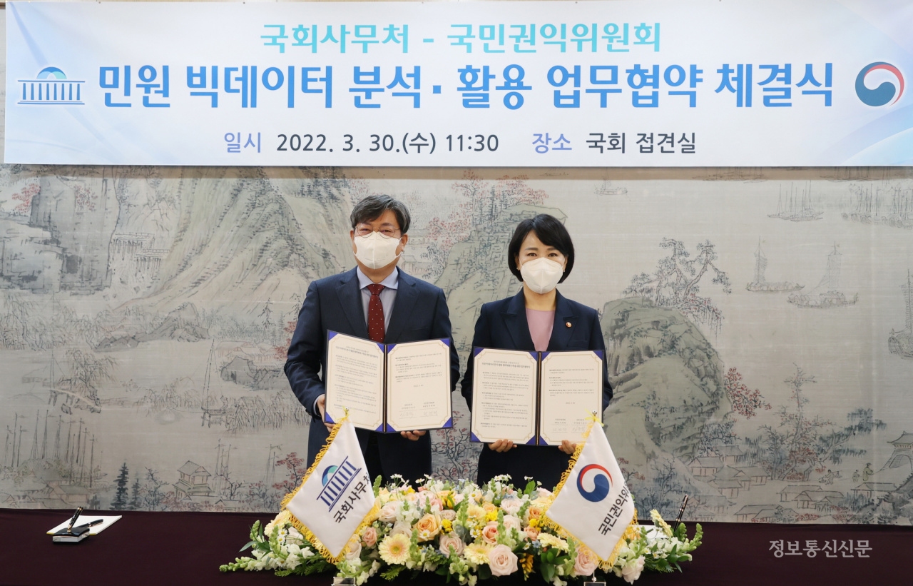 국회사무처와 국민권익위가 민원 빅데이터 분석·활용 협력체계 구축을 위한 업무협약을 체결했다. [사진=국회사무처]