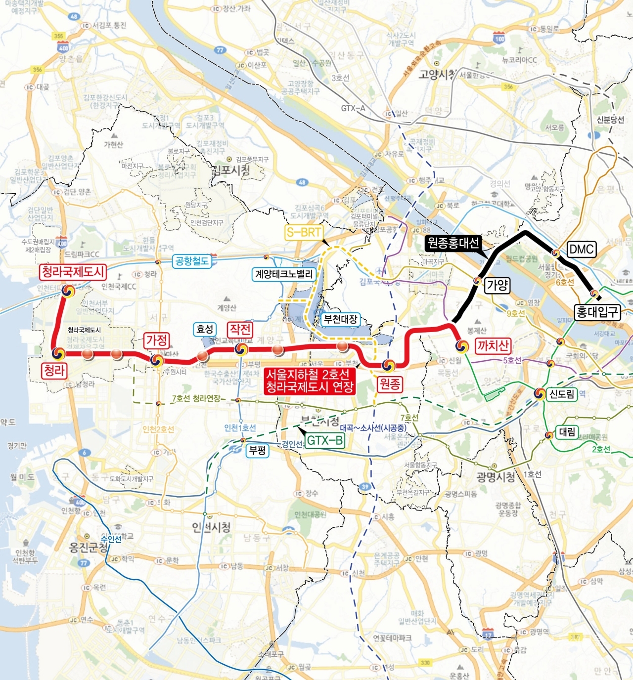 서울2호선 청라 연장 예상 노선도. [자료=인천시]