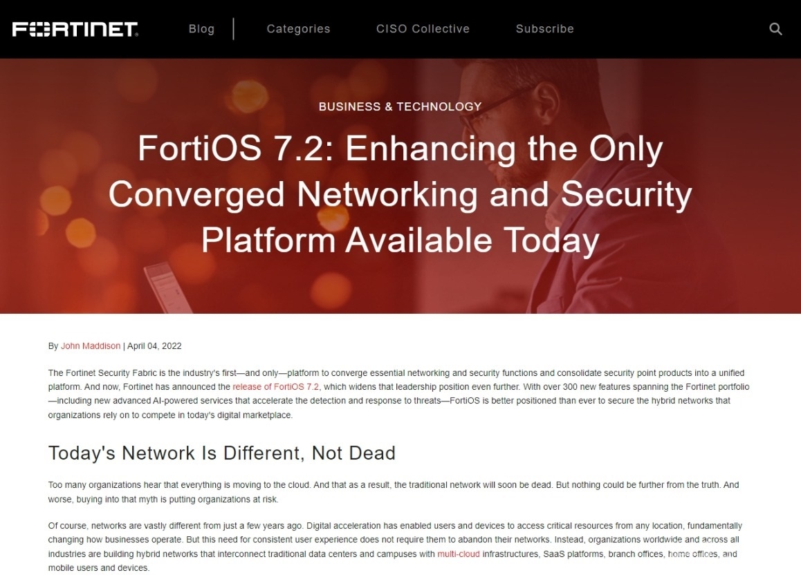 포티넷이 업그레이드된 새로운 운영체제 'FortiOS 7.2'를 공개했다. [자료=포티넷]