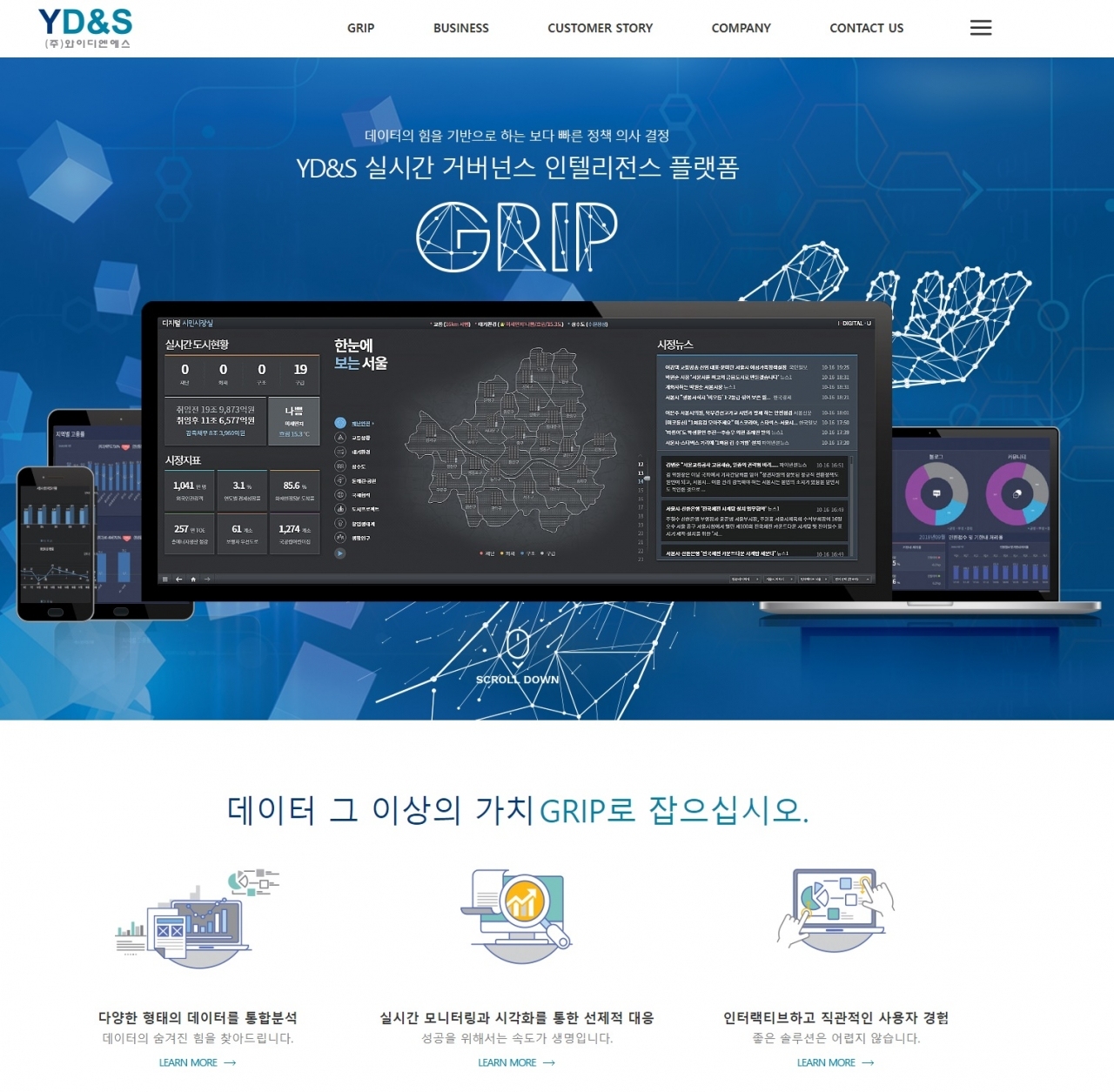 와이디엔에스 웹사이트 홈 화면.