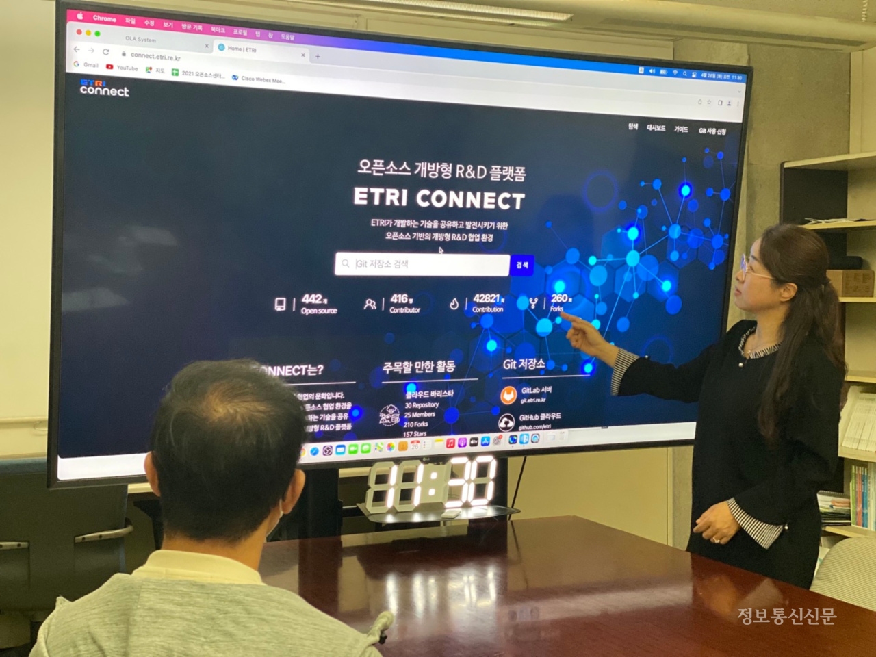 연구진이 오픈소스 개방형 R&D 플랫폼에 관해 설명하고 있다. [사진=ETRI]