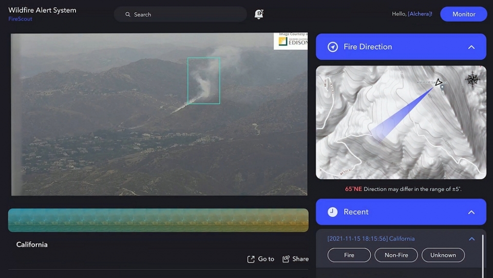 미국 캘리포니아에 도입된 알체라 '파이어스카우트'가 산에서 발생한 연기를 감지하고 있다. [사진=알체라]