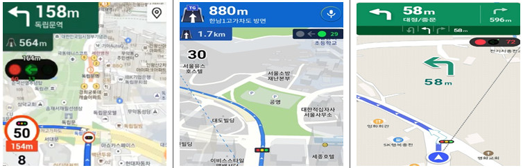 C-ITS 교통신호 정보 민간 내비게이션 앱 표출 사례. 왼쪽부터 티맵, 카카오내비, 원내비 표출 화면.