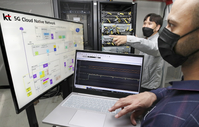 KT가 노키아와 5G 네트워크의 무선 구간을 클라우드로 전환하고, 상용망 적용을 위한 시연에 성공했다고 7일 밝혔다. KT 및 노키아 관계자가 5G 네트워크의 클라우드 전환 시연 결과를 확인하는 모습. [사진=KT]