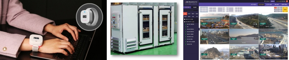 (왼쪽부터) 코맥스의 저출력 레이저광조사기 ‘엘루체’, 캐디안의 노루궁뎅이버섯 재배기, 카테노이드의 룸엑스 기반 CCTV 웹 콘솔 화면.