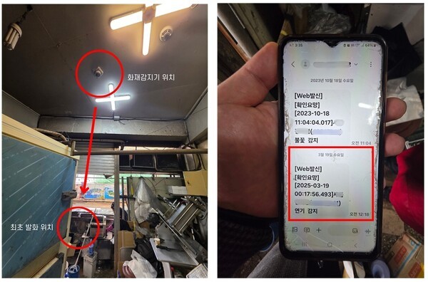 전통시장 내 화재감지기 설치 위치 및 발화 추정 지점과 감지 후 관계자 휴대전화로 전송된 알림 메시지 화면
